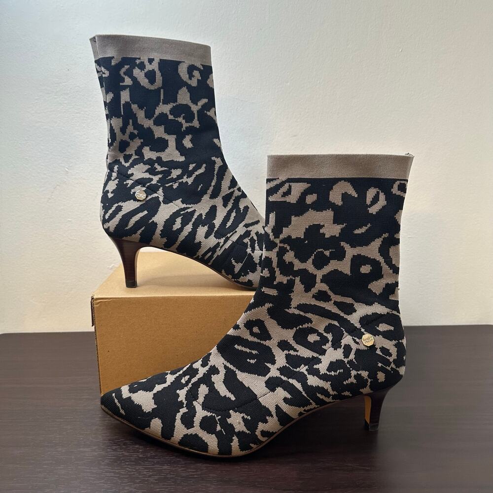 Louise et Cie Vachel Leopard Animal Print Pointed Toe Sock Knit Ankle Boots, 10